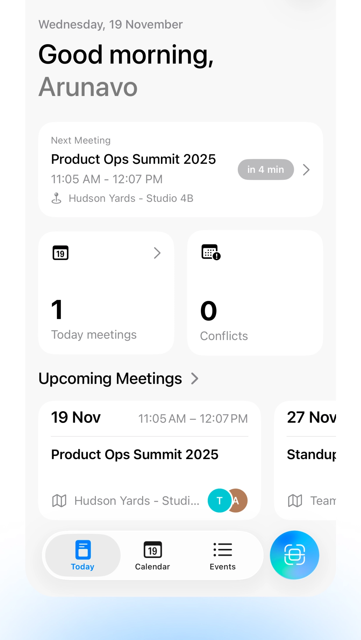Lumical dashboard showing meeting overview and conflict detection