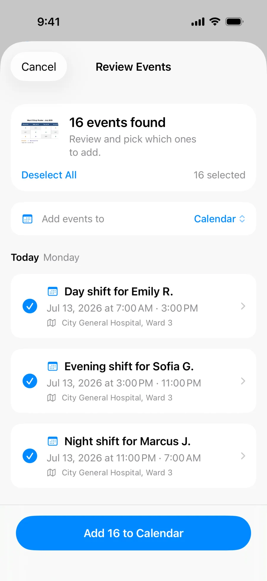 Lumical batch review showing a full week of shifts extracted from one roster photo