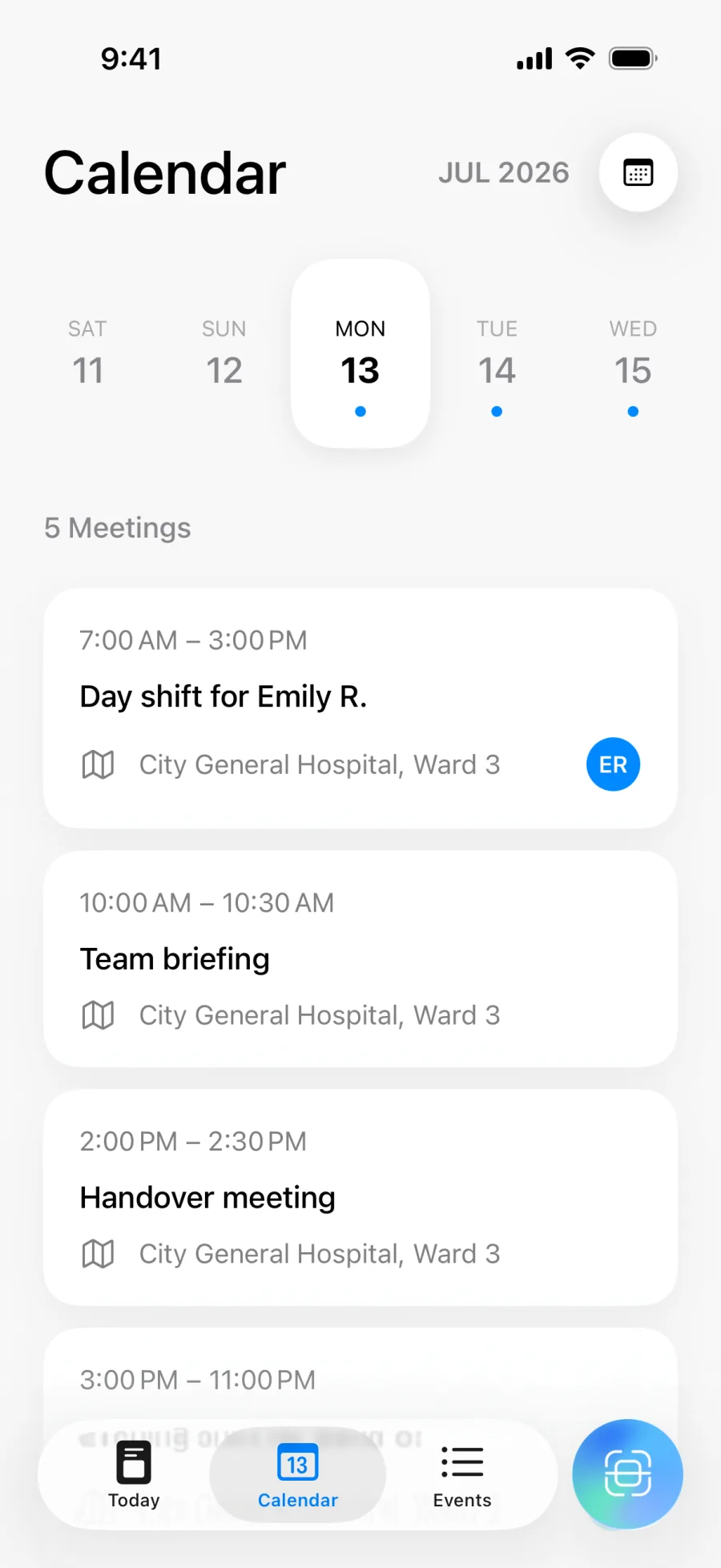 Lumical calendar view with daily schedule and navigation